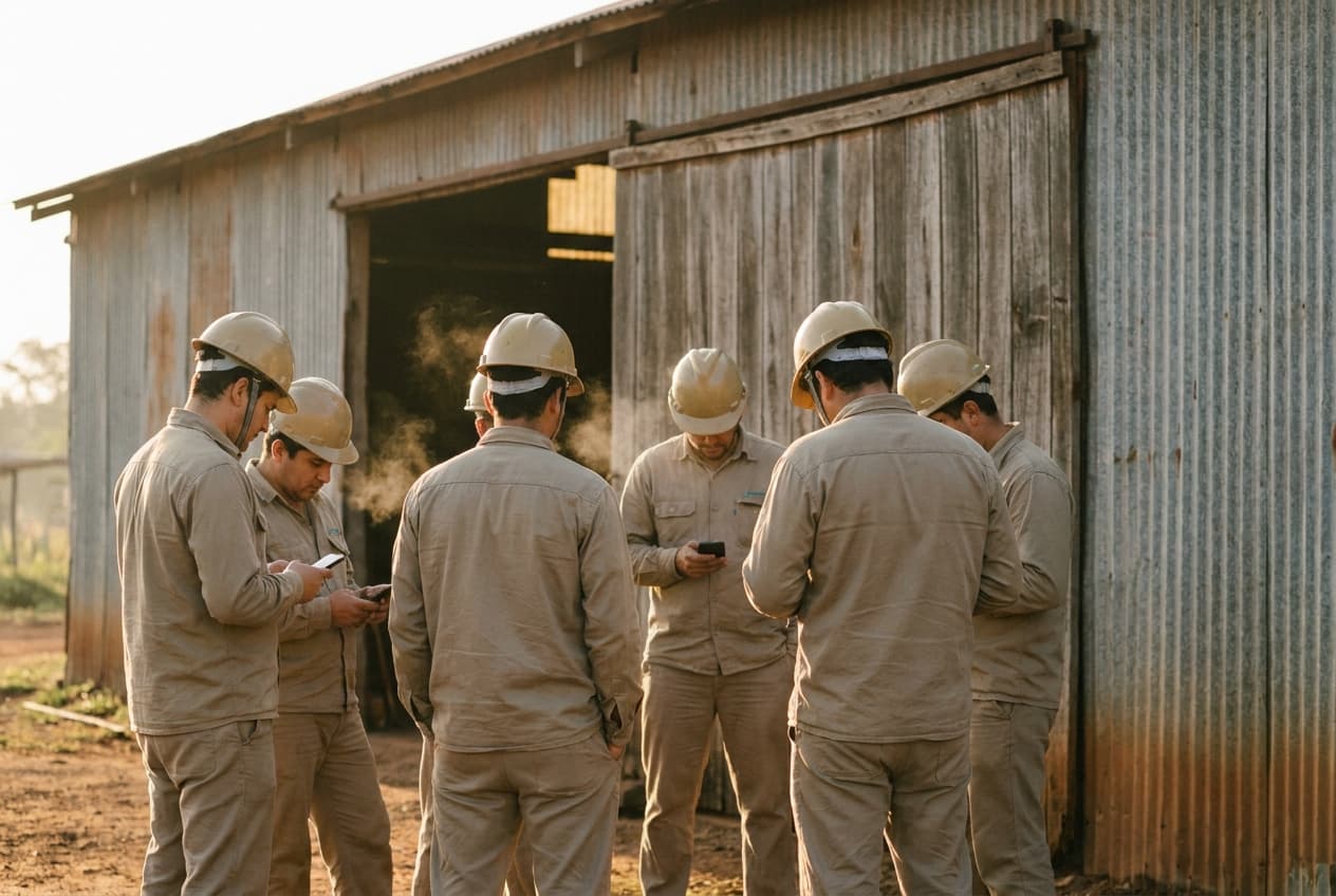 Grupo de trabajadores de uniforme esperando junto a un galpón antes de empezar la jornada.